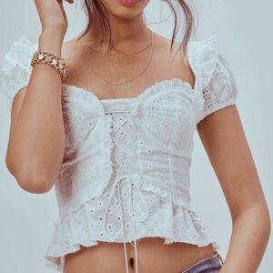 FOR LOVE AND LEMONS Charlotte Eyelet Lace Up Blouse In White